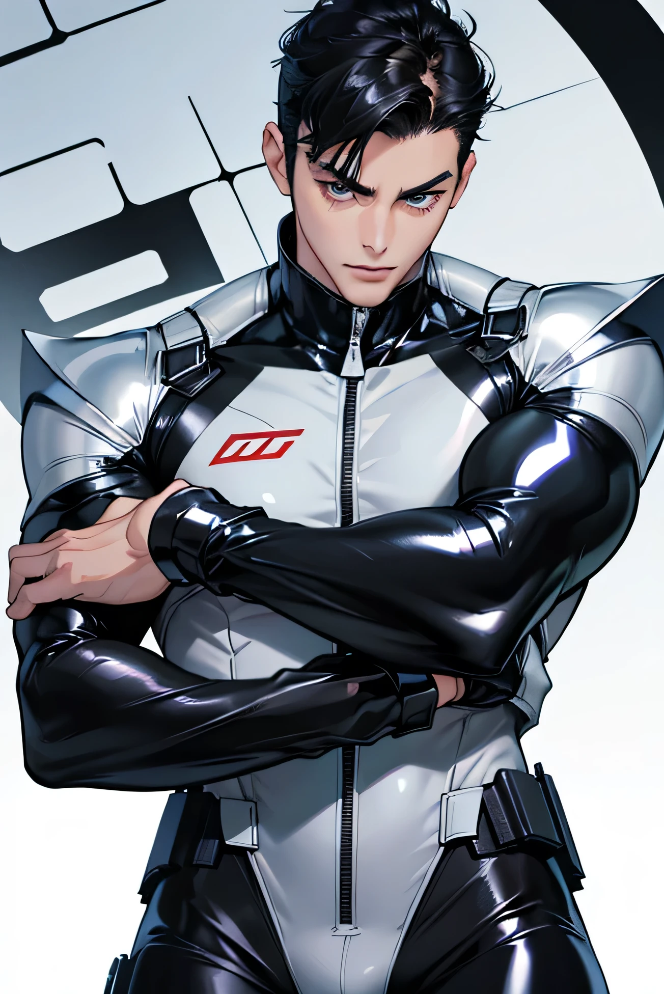 Face close-up Handsome Japanese male handsome model Black Hair Short cut G-I-A-CUT looking at the camera Shiny full-body silver suit Shiny silver latex suit Fierce face Face close-up from collarbone Handsome Short cut G-I-A-CUT