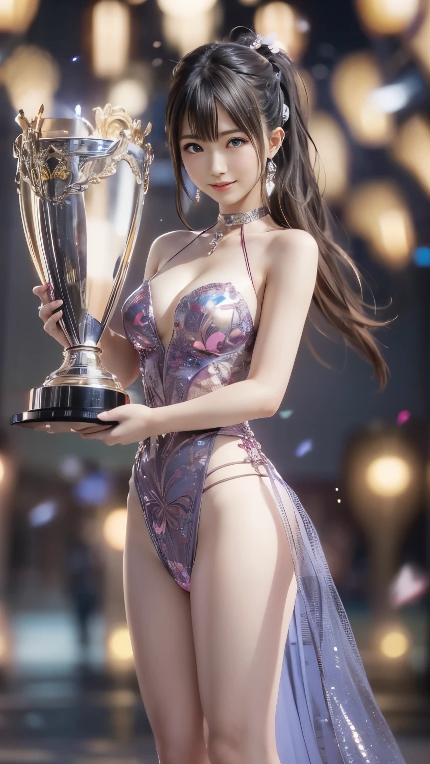 Tears of joy, (Evening Dresses), (Holding up the trophy:1.5), Background is the stage, DOAXVV_マリー・ローズ, 1girl, black choker, uhd, retina, masterpiece, ccurate, anatomically correct, textured skin, super detail, high details, high quality, best quality, highres, 4K