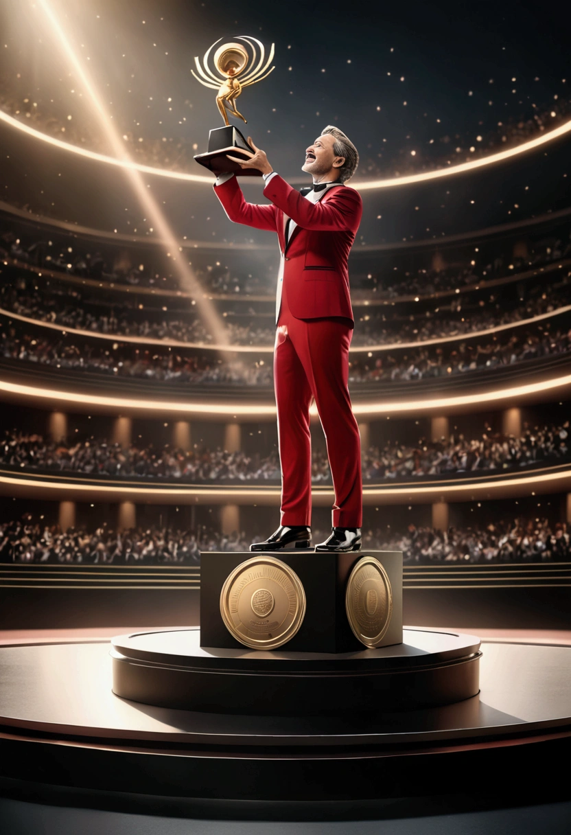 (Award-Winning Moment), the slanting spotlight illuminated the excited figure of the winner. Warm orange tones create a warm and exciting atmosphere. The winner's hands are shaking slightly, the elongated shadow behind him adds to the drama of the picture, full body, award-winning, cinematic still, emotional, vignette, dynamic, vivid, (masterpiece, best quality, photorealistic, Professional, perfect composition, very aesthetic, absurdres, ultra-detailed, intricate details:1.3)