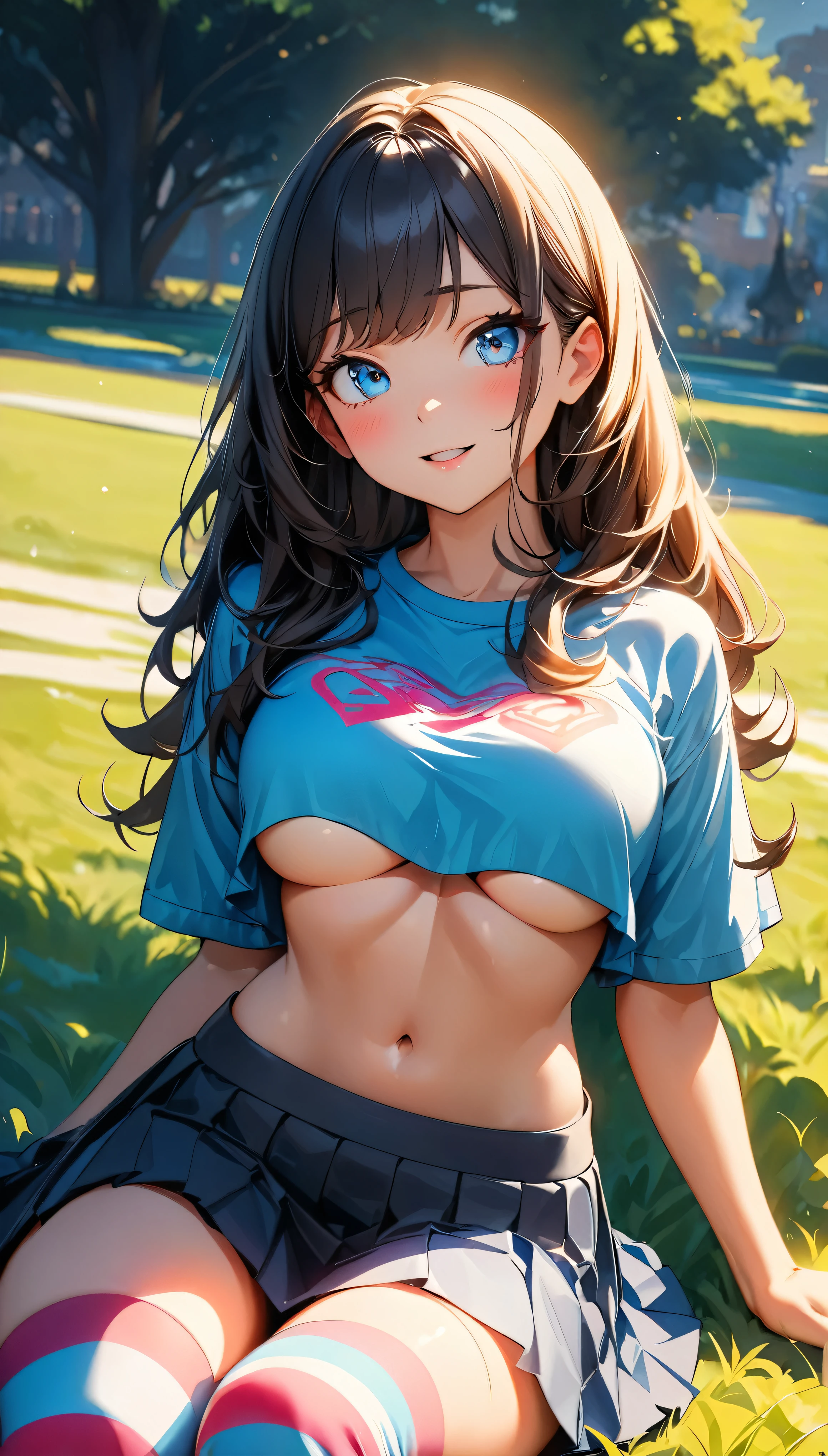 (Highest quality:1.2, Very detailed, up to date, Vibrant, 超High resolution, High Contrast, masterpiece:1.2, Highest quality, Best aesthetics), (((1 girl))), Carefully drawn lawn, Park Background, (Cropped tops:1.2, The underboob is visible), Professionalism, Bright colors, Soft lighting, Expressive eyes, Detailed lips, Long eyelashes, Pleasant atmosphere, incite inferiority, Obscene eyes, Lewd smile, Open your mouth, blush, ((Color T-shirt, Pleated skirt, Striped Knee High, lying on the grass:1.2)), Positive Energy, Calm background, A nurturing presence, High resolution, Correct Perspective 1.1, (Soft focus throughout).