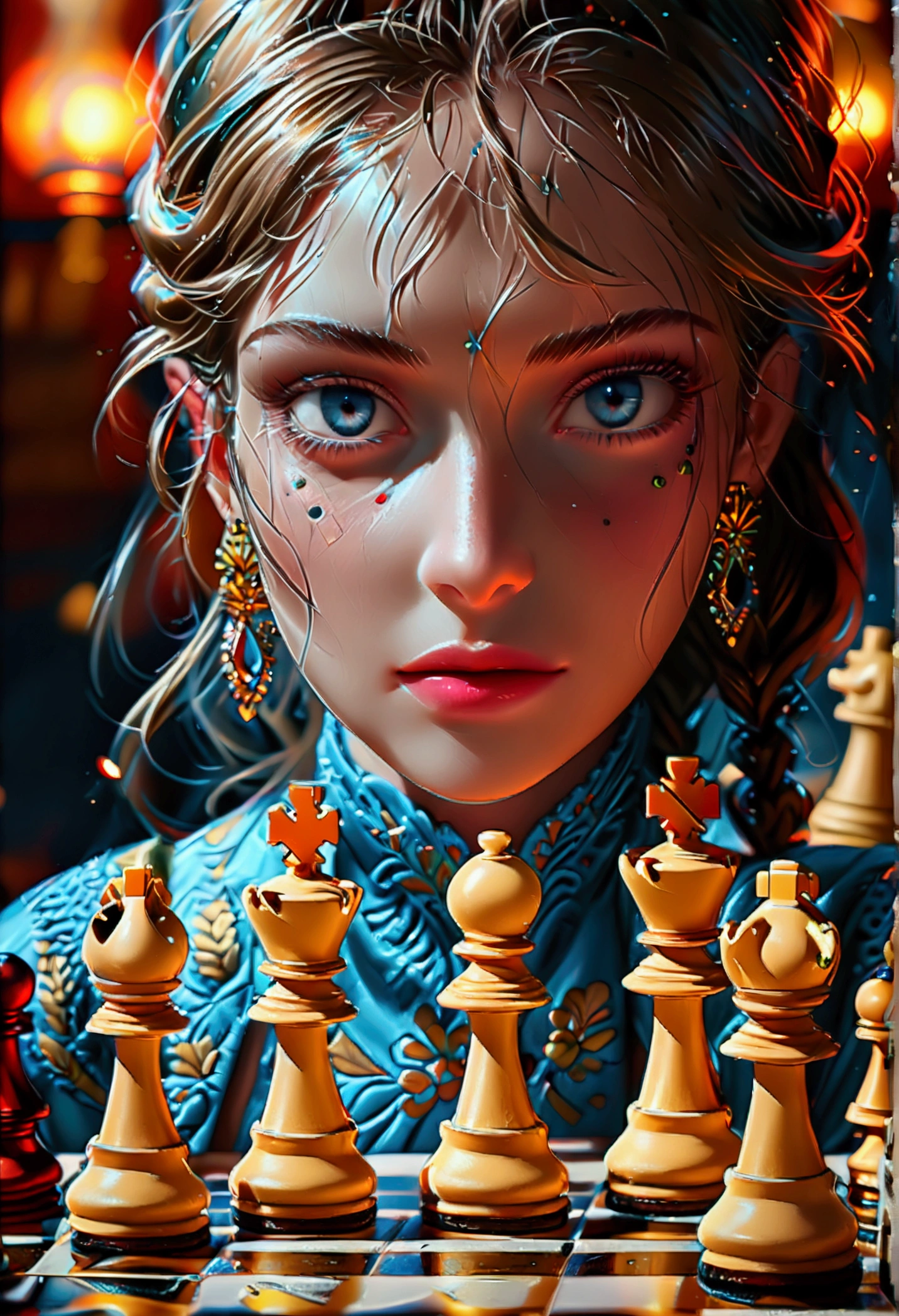 a picture of a woman proud, happy, overjoyed, victorious after winning chess game, a beautiful woman ((full body shot: 1.5)), ((anatomically correct: 1.5)) (ultra detailed face: 1.4), dynamic skin complexion, dynamic hair style, dynamic hair color, ((winning a chess game: 1.5)), at chess tournament, she is dressed in elegant dress, intricate dress, dynamic color dress, dynamic style dress, wearing high heels, a ((look of satisfaction: 1.3)), a look of ((victory: 1.3)), a look of overcoming great obstacle, chess tournament background,  vibrant, Ultra-high resolution, High Contrast, (masterpiece:1.5), highest quality, Best aesthetics), best details, best quality, highres, 16k, [ultra detailed], masterpiece, best quality, (extremely detailed), Cinematic Hollywood Film style