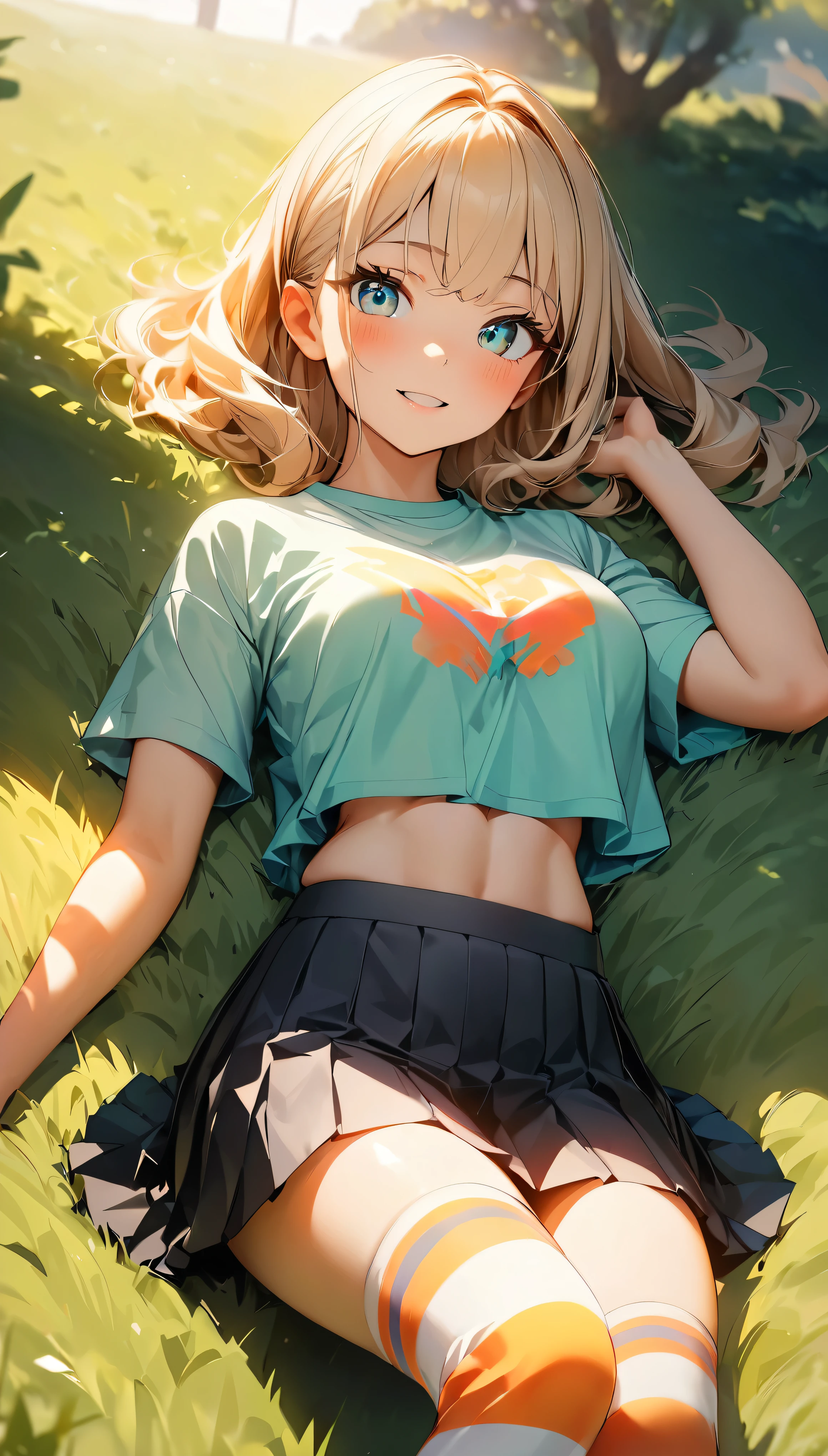 (Highest quality:1.2, Very detailed, up to date, Vibrant, 超High resolution, High Contrast, masterpiece:1.2, Highest quality, Best aesthetics), (((1 girl))), Carefully drawn lawn, Park Background, (Cropped tops:1.2, The underboob is visible), Professionalism, Bright colors, Soft lighting, Expressive eyes, Detailed lips, Long eyelashes, Pleasant atmosphere, incite inferiority, Obscene eyes, Lewd smile, Open your mouth, blush, ((Color T-shirt, Pleated skirt, Striped Knee High, lying on the grass:1.2)), Positive Energy, Calm background, A nurturing presence, High resolution, Correct Perspective 1.1, (Soft focus throughout).