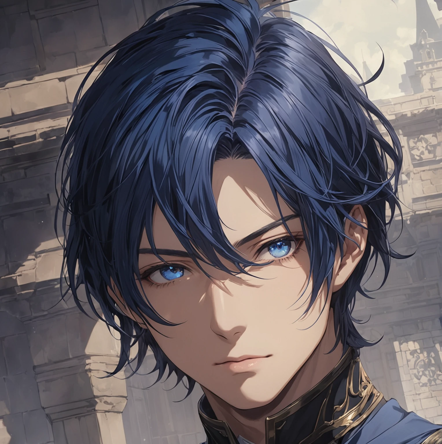 masterpiece, best quality, good quality, Fantasy Aesthetic, Highly detailed, shadowverse style, male. blue hair, blue eyes
