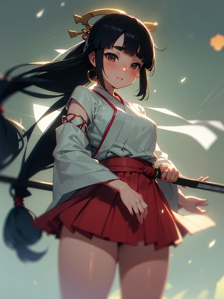 (Sumilux f1.4 50mm , low Latitude old color negative film , cross process , bokeh, flare, chromatic aberration , soft focus, (Shallow focus) , soft glow , Maximum aperture, high Key , Transparent depiction) , hentai anime style , do sukebe girl , (Thick thighs) , (Short stature) , (blunt bangs , hanging down the back long hairstyle ) , (round maro eyebrows) , miko , naginata , ikusa