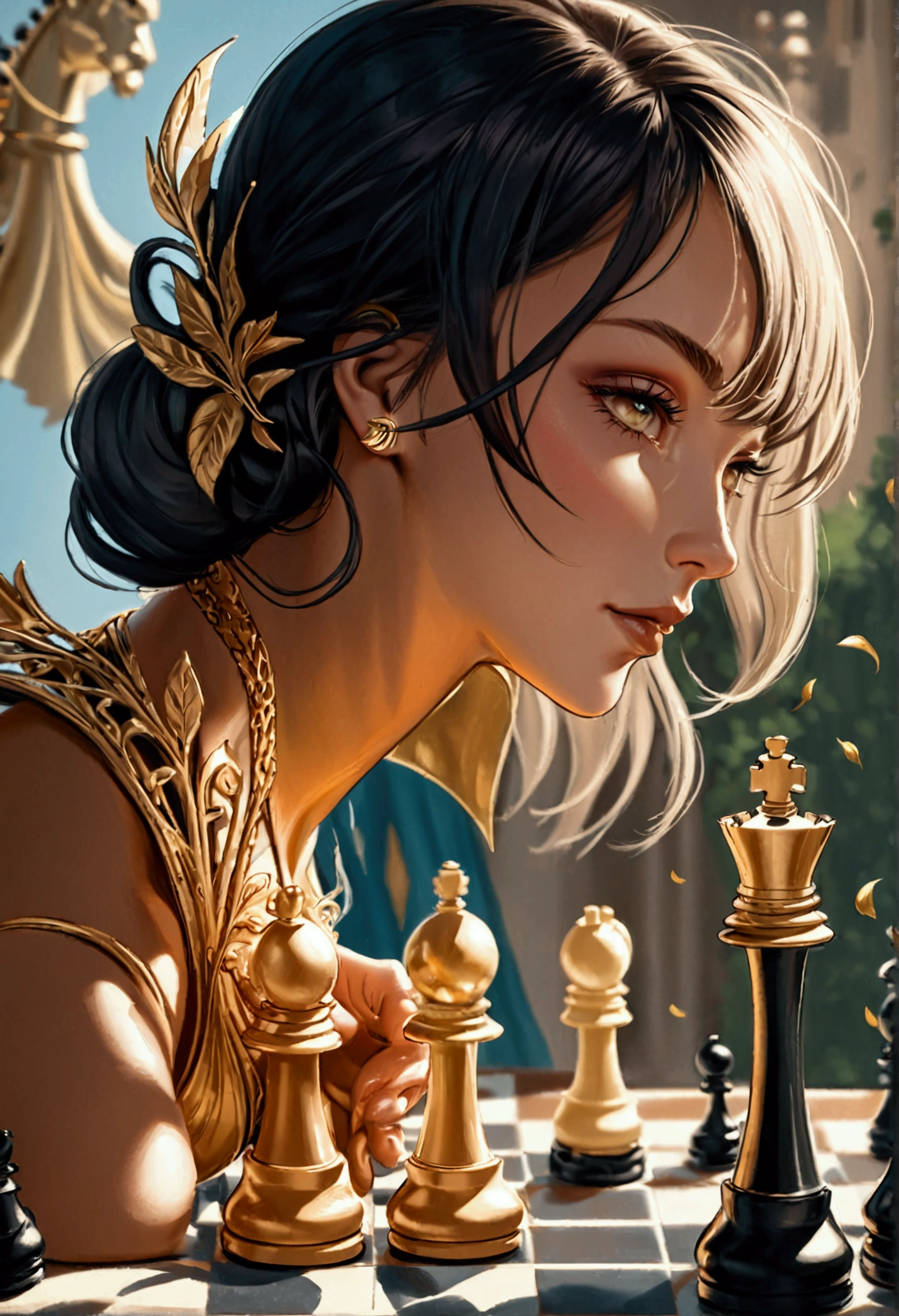 a picture of a woman proud, happy, overjoyed, victorious after winning chess game, a beautiful woman ((full body shot: 1.5)), ((anatomically correct: 1.5)) (ultra detailed face: 1.4), dynamic skin complexion, dynamic hair style, dynamic hair color, ((winning a chess game: 1.5)), at chess tournament, she is dressed in elegant dress, intricate dress, dynamic color dress, dynamic style dress, wearing high heels, a ((look of satisfaction: 1.3)), a look of ((victory: 1.3)), a look of overcoming great obstacle, chess tournament background,  vibrant, Ultra-high resolution, High Contrast, (masterpiece:1.5), highest quality, Best aesthetics), best details, best quality, highres, 16k, [ultra detailed], masterpiece, best quality, (extremely detailed), Cinematic Hollywood Film style