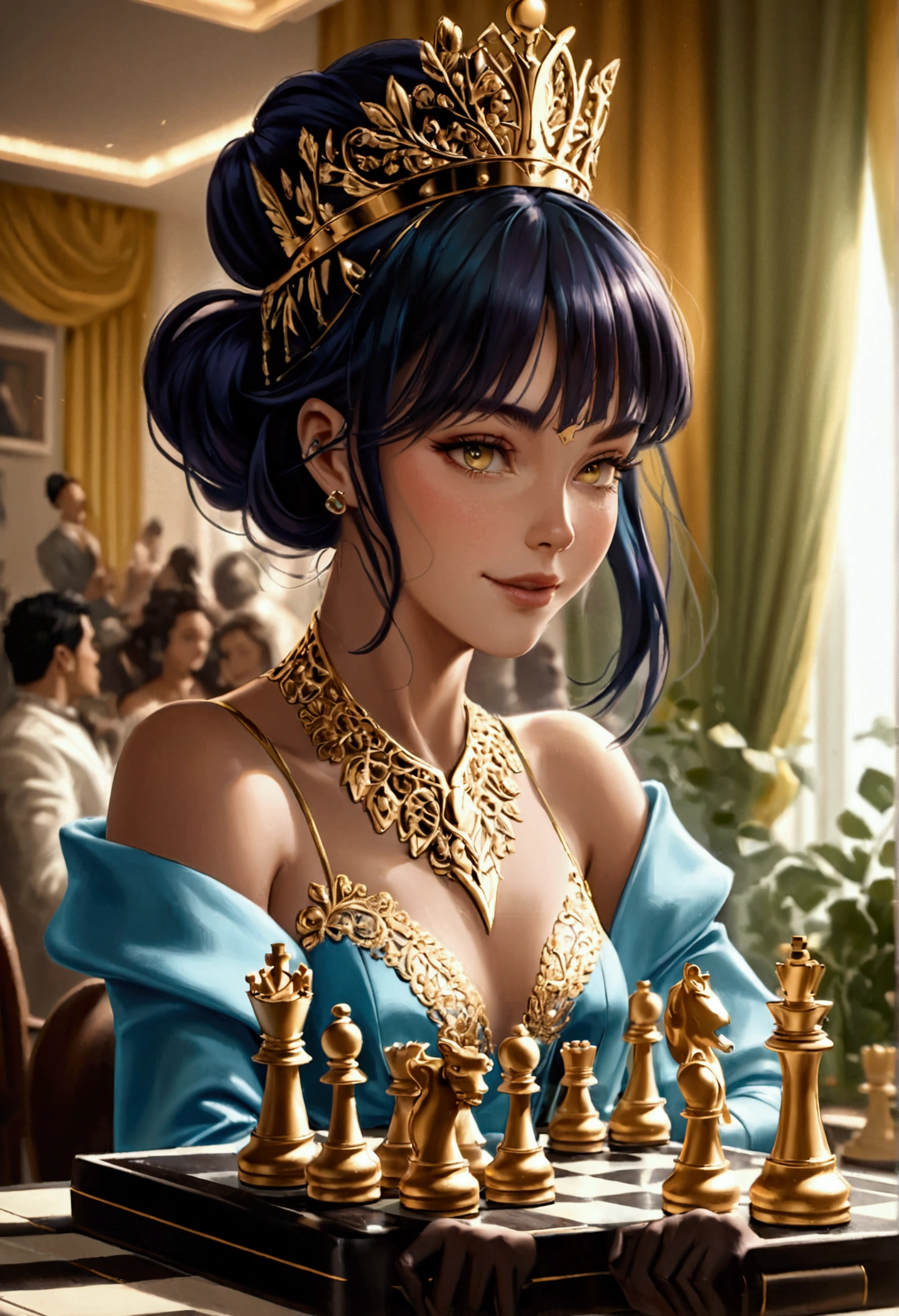 a picture of a woman proud, happy, overjoyed, victorious after winning chess game, a beautiful woman ((full body shot: 1.5)), ((anatomically correct: 1.5)) (ultra detailed face: 1.4), dynamic skin complexion, dynamic hair style, dynamic hair color, ((winning a chess game: 1.5)), at chess tournament, she is dressed in elegant dress, intricate dress, dynamic color dress, dynamic style dress, wearing high heels, a ((look of satisfaction: 1.3)), a look of ((victory: 1.3)), a look of overcoming great obstacle, chess tournament background,  vibrant, Ultra-high resolution, High Contrast, (masterpiece:1.5), highest quality, Best aesthetics), best details, best quality, highres, 16k, [ultra detailed], masterpiece, best quality, (extremely detailed), Cinematic Hollywood Film style