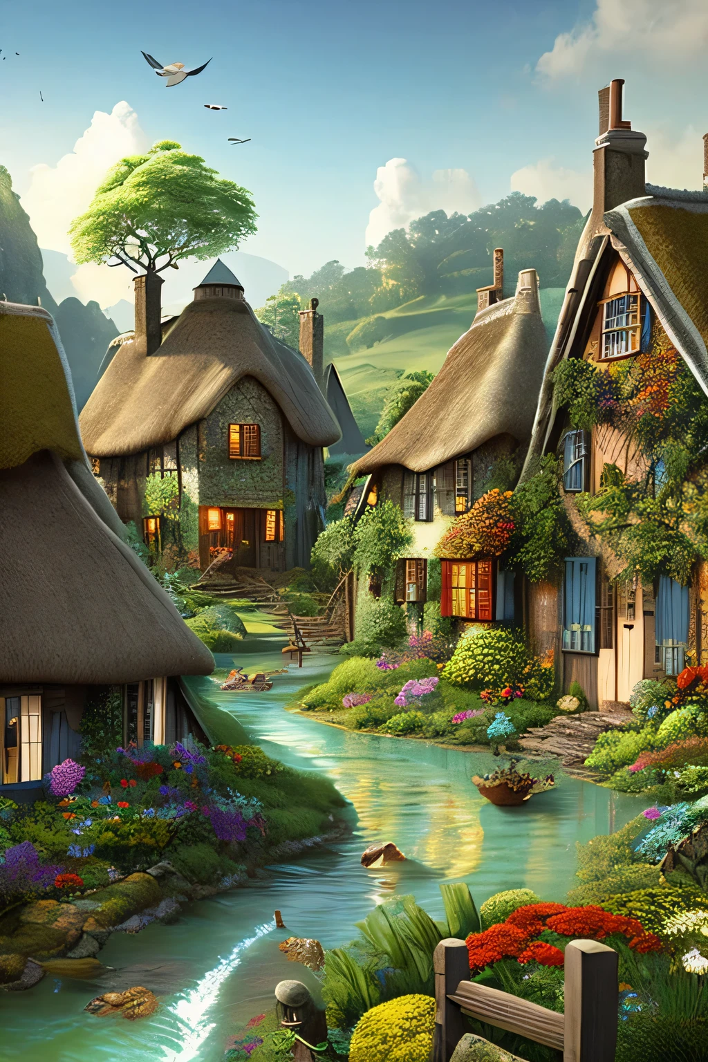 In an exquisite 8K resolution, this image brings to life the enchanting village of Ardenwood, nestled within a verdant, vibrant valley. Ancient oaks, boasting rich, textured bark and sprawling canopies of emerald leaves, stand tall like guardians over the landscape. Winding brooks meander through the village, their waters sparkling with clarity, adding a touch of life to the serene tableau. Charming thatched-roof houses adorned with colorful flower boxes dot the terrain, each displaying a unique charm that speaks of a bygone era. The cobblestone streets weave intricately, inviting exploration, while vill