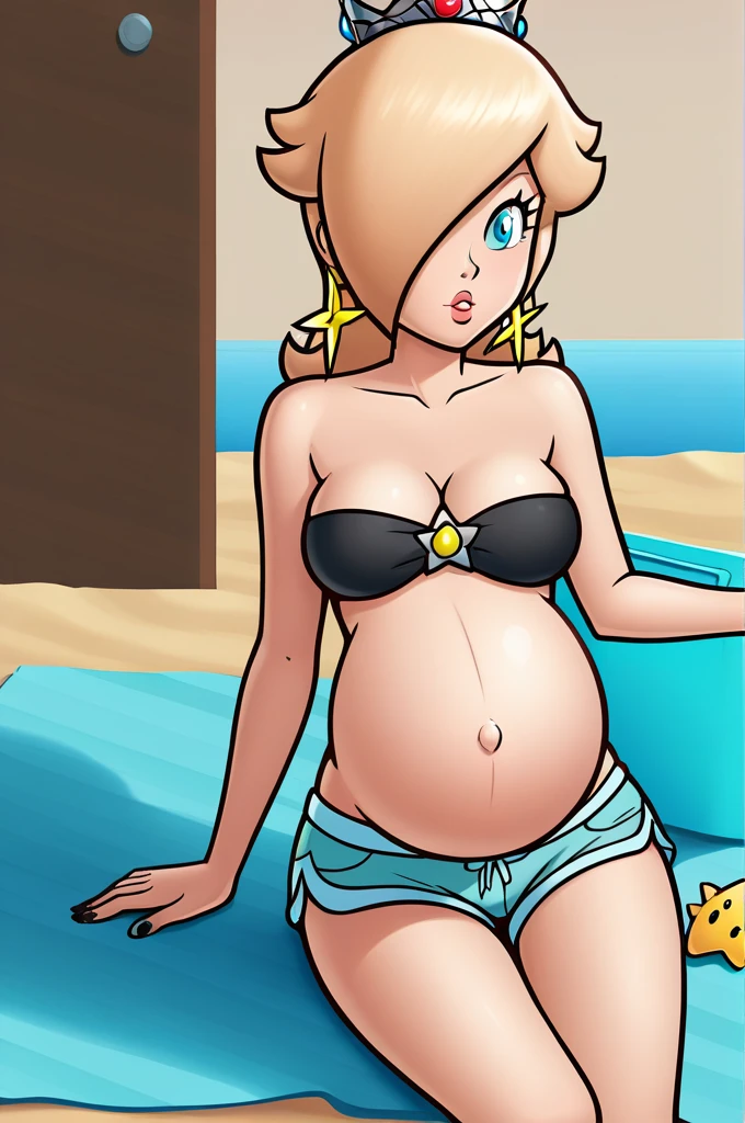 score_9, score_8_up, 1girl, solo, rosalina, style parody, thick outlines, black bikini, shorts, pregnant belly, sleeveless, strapless, cleavage, indoors, beach, black nails, complete body, perfect