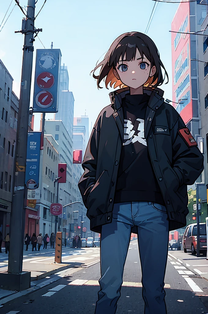 Put your hands in your jacket pockets、Walking、men and women、jeans、the way、Electric pole、We are looking at each other、Two people