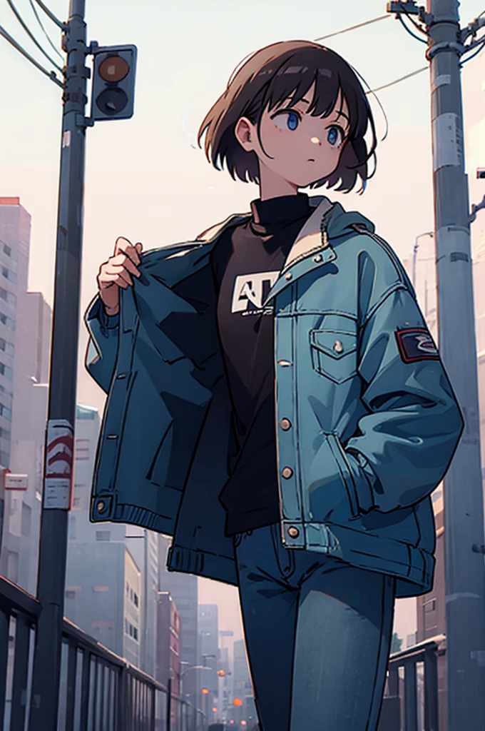 Put your hands in your jacket pockets、Walking、men and women、jeans、the way、Electric pole、We are looking at each other、Two people