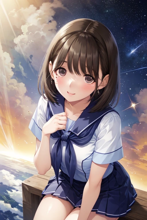 anegasaki nene、Shiny brown hair, short hair, (Beautiful brown eyes、Sparkling eyes, Fine grain)、smile、Ultra-detailed eyes、Highly detailed face, Highly detailed eyes,


Short-sleeved white sailor suit、Navy blue mini pleated skirt、Very short mini skirt、Bare thighs、

Vast landscape photography, A girl stands looking at the cityscape in the distance, Look up at the sky, shooting star, fire Fly, dream,  Space Sky. 
, 4k anime wallpaper, Sitting on a cloud in space, Anime Art Wallpapers 8K, Put your hands on your knees
