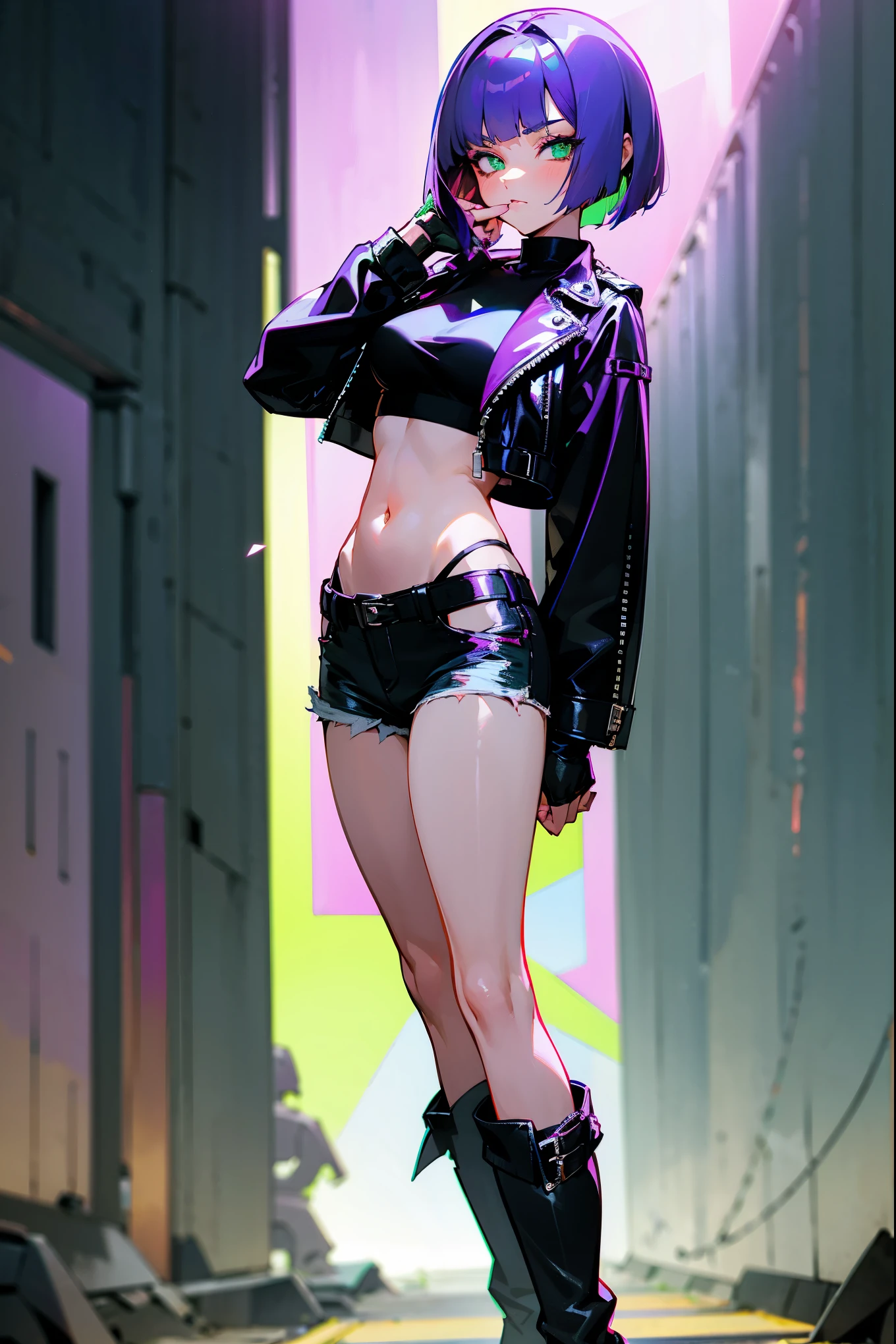 1female, purple hair, bob cut, green eyes, winking, black leather jacket, white crop top, ripped jeans, black boots, standing on a path, neon-lit city street, masterpiece, 8k

