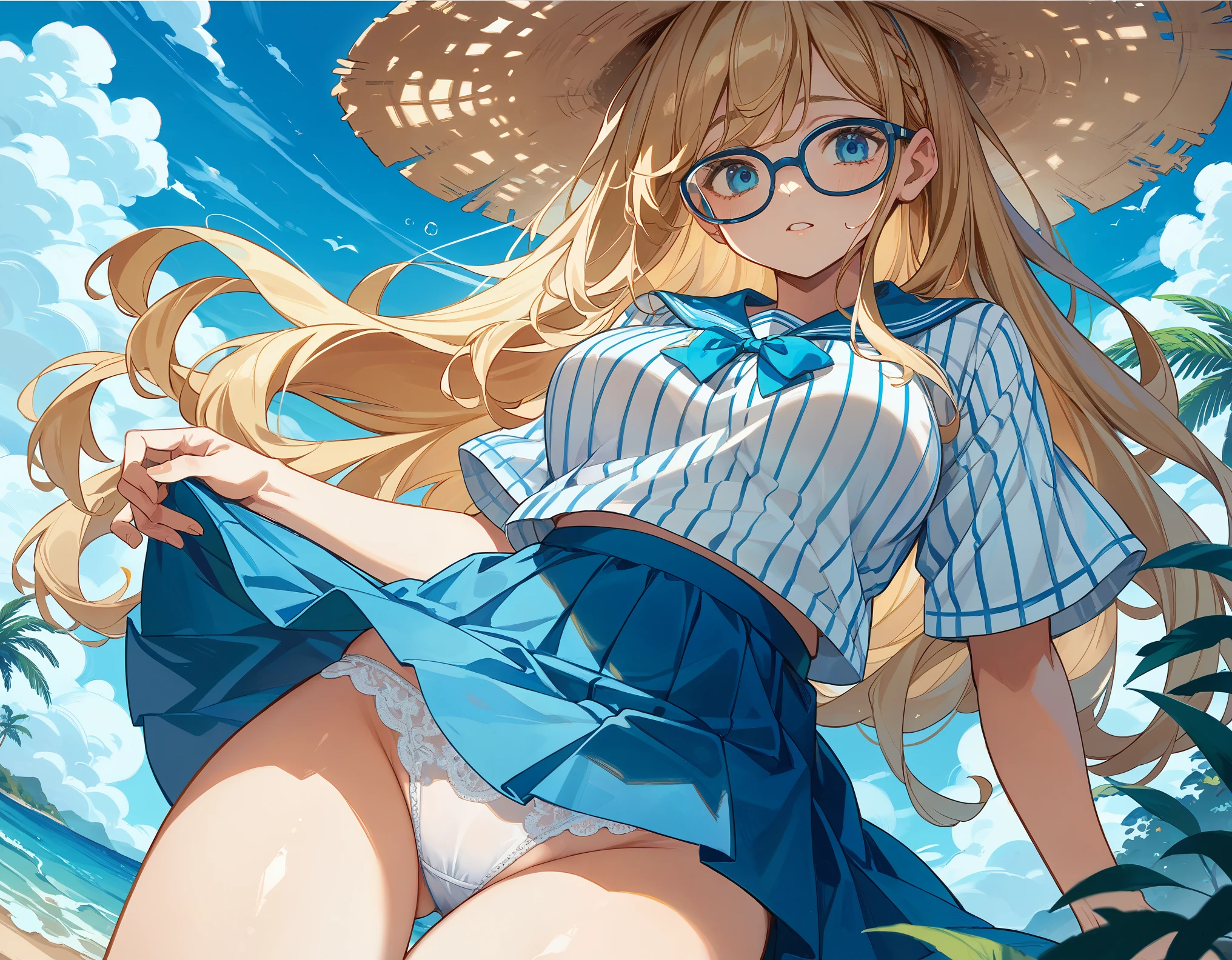 sticking to shirt、Her breasts are visible through her blue and white striped shirt、Blue flared skirt、She lifts her skirt to reveal her cute white lace underwear、Long haired girl wearing glasses、whole body、Sandy beach and blue sky