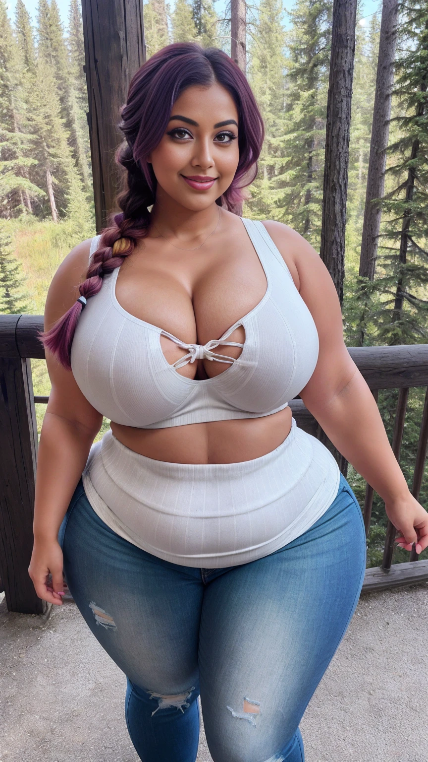 gorgeous curvy plus size Indian bengali actress ritavori , glowing eyes, wearing SHEIN LUNE Knit Striped Printed Sleeveless Crossed Back Casual Tank Top For Summer Color: Multicolor , covered Bust, parted lips, blushing cheeks, thick thighs, bigger waist, busty, curvy plus size body, full body, full body shot, head to toe view, smoothning burgendy color hair with pfrench braid hairstyle, hourglass body, curvy plus size body, smile face, bigger waist, busty, big hips, fleshy thighs, thick thighs, busty, full body view, Banff National Park, Canada: Majestic mountains and turquoise lakes.