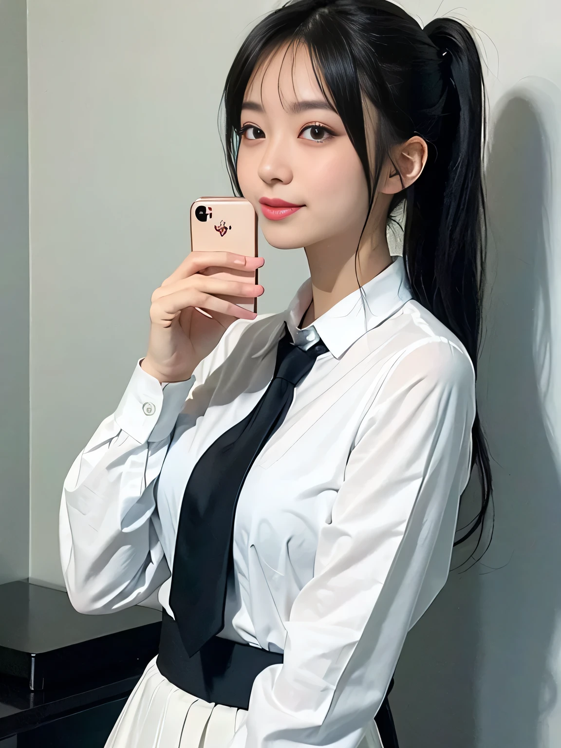 Highest quality、Figures、((iPhone)),Taking a selfie with a black smartphone、one person、Cute Girls、sexly、Slender、Red tie、White shirt、Navy blue exy))、Very detailed、Fine details、Slim Body、Slender、Japanese Girls、High resolution、8k、wallpaper、Perfect dynamic composition、Beautiful fine details、Short Ponytail、Big natural color lip、大胆なsexlyポーズ、smile、Cold Stare、17-year-old girl、Cute、Lolita、Good eyesight、whole body、Light blue wall、smile、