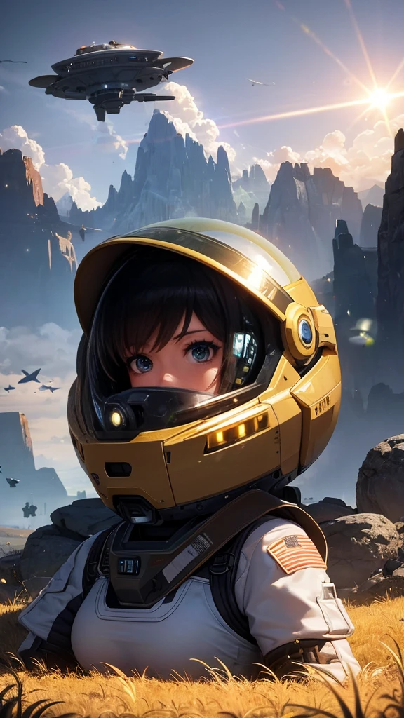 a young female space astronaut,futuristic military tank,lush alien planet,mountains,tall grass,rocks,floating clouds,art station,highly detailed,complex,lens flare,backlighting,shallow depth of field