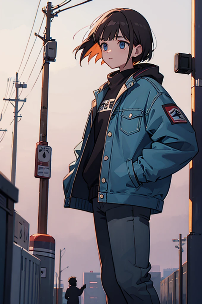 Put your hands in your jacket pockets、Walking、men and women、jeans、the way、Electric pole、We are looking at each other、Two people