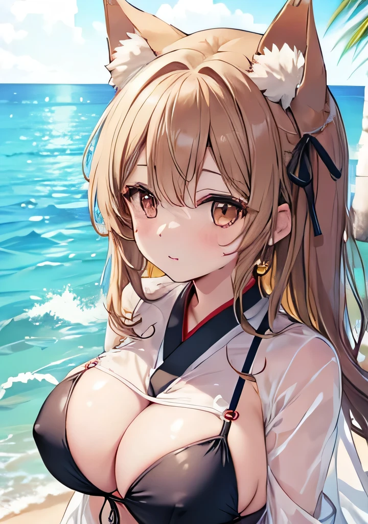 Highest quality、Big Breasts、bikini、See-through haori、Dog ears、Brown eyes、Ocean