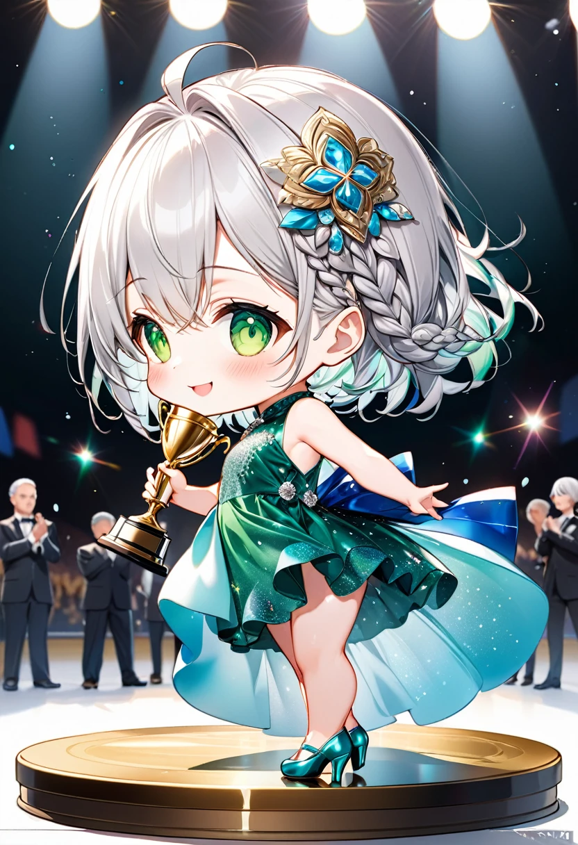 Highest quality, High resolution, Detailed Background, Beautiful face in every detail, Anatomically correct, Detailed facial expressions, fine grain, ((full body:1.2, from below, side view)), ((One Girl, Chibi Girl:1.2)), (Award-Winner1.2), silver Hair, beautiful clear big green eyes, Braided Bob, (luxurious hair ornament:1.2),  break Sleeveless super shiny tight dress, high heel, Background is the award ceremony venue, many audience applauded), (Very big smile:1.3), ((winner's pose with a big trophy:1.3))