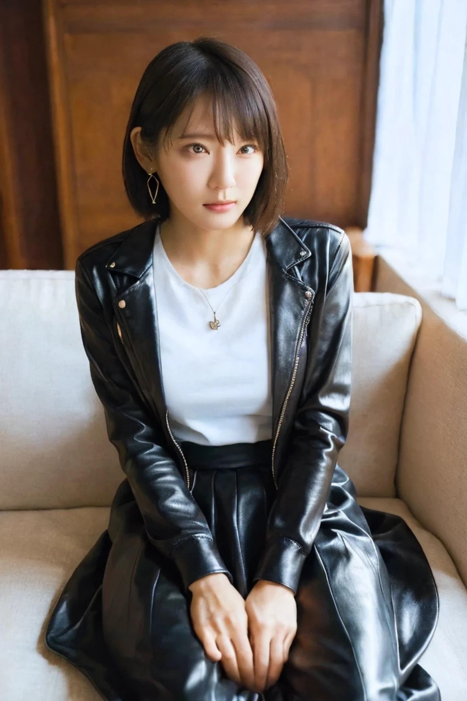 (Highest quality:1.4),(masterpiece:1.4),(Realistic:1.4),(Realistic:1.2),(超High resolution, RAW Photos:1.4),(High resolution, Very detailed:1.2),(8k:1.2),View your viewers,photograph,One Girl,skeletally correct,Black-haired woman,(Small earrings,necklace,leather jacket,A long leather skirt that fits perfectly to your body line,Beautiful body lines),(Inside the Western-style building,Dimly lit room,The lamplight shines on my cheeks,Sit on the sofa),Bob cut short hair