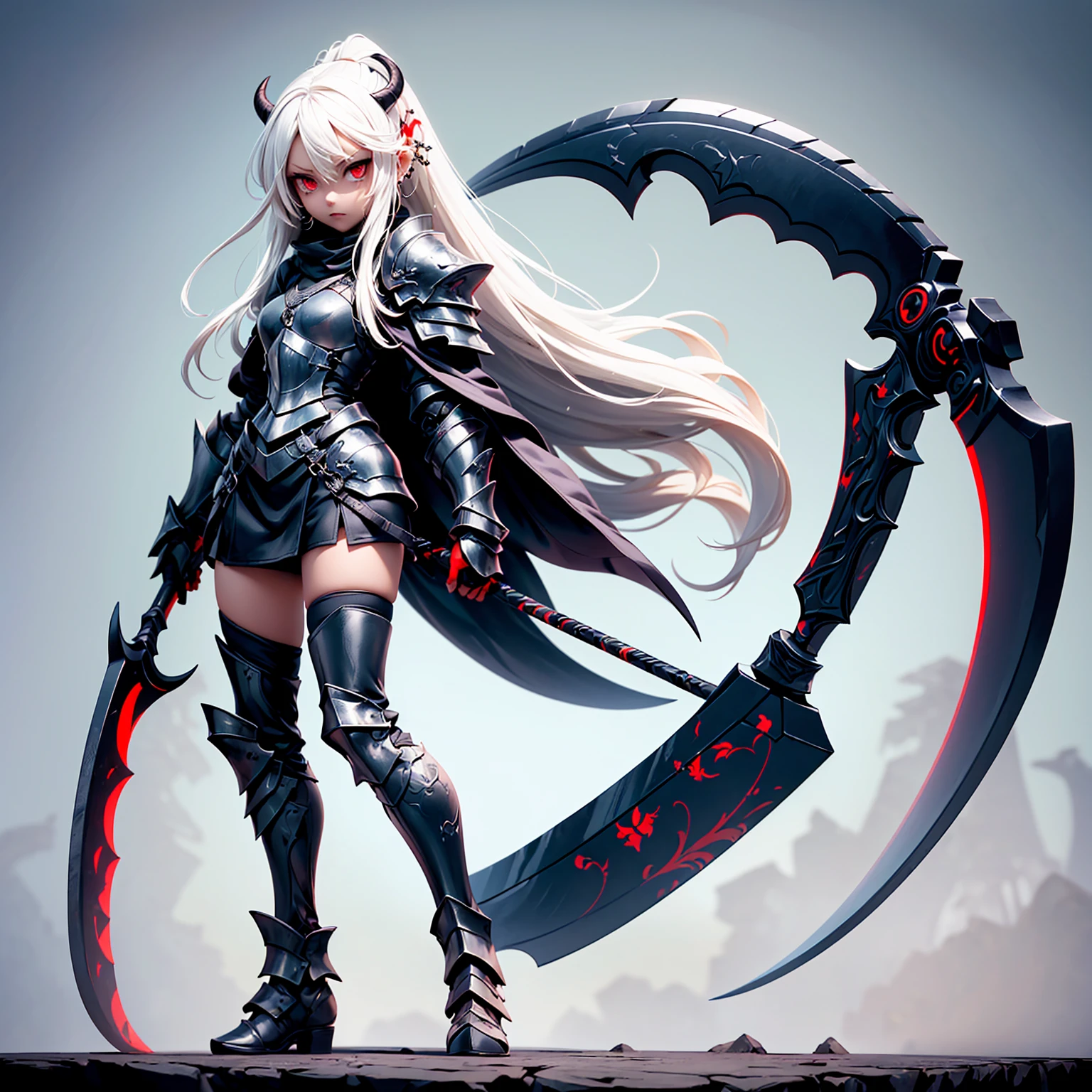 (((masterpiece, best quality, high detailed, 8k))) Design a layout showcase Gaming character, (1girl) Slender cute girl character with short stylish white hair and piercing eyes. She wears a demonic armor in purple black and white. wields a large, stylized scythe. The character has a menacing expression, with a chaotic environment as the background. ((full body front view)). ((slender)), (extremely detailed:1.5), (long white hair:1.2), (piercing red eyes:1.2), (chaotic environment:1.1), (demonic armor:1.3), (stylized scythe:1.3).