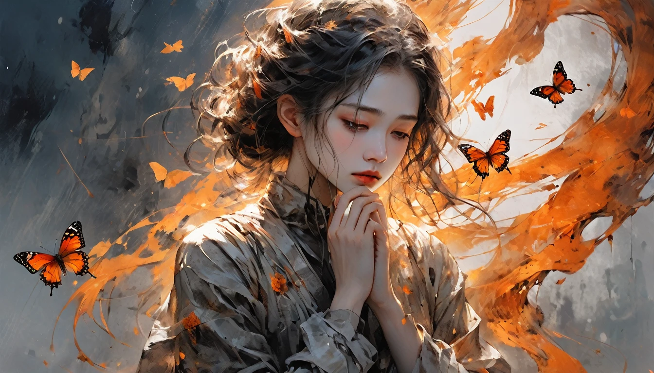 rain、right ,prayer, Beautiful woman, Sad look, Faded elegance, A poignant atmosphere, Lost Beauty, Melancholic mood, Fascinating, Eternal Sadness, Contrasting, Delicate Decay,Line art,Backlight,Wind,Backlight,Stardust,(Wind:1.2),knight,Orange blood, Fire and butterfly