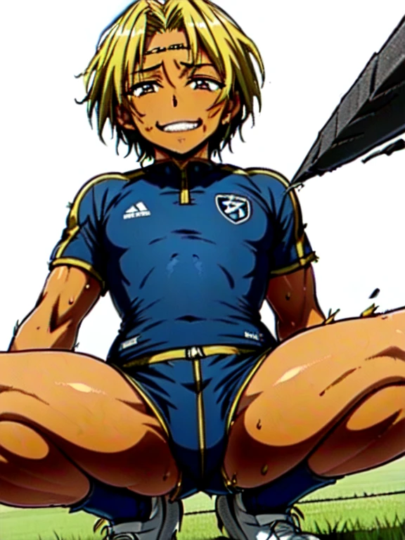 (((Official Art,Ultra-thin illustration,High resolution, Flying debris, 最high quality,最high quality,)))high quality, detailed, (little guys),,(((alone)))、 A very cute young ace striker male idol,A boy as beautiful as Planding, Handsome face with a great smile, soccer spike, Long legs, Thighs, Footz, No bulge, (Blonde、short hair)、Dark Skin、Shiny Hair, (Tight and shiny random color soccer uniform suit), (Tight and shiny soccer shorts), (Soccer socks), Grass area, Cool pose, (厚いThighs、Big ass tempts you)、(((Soccer field in the park)))、((Saucy、))、Grin、Spread your legs,Ultra-fine painting, (最high quality, In 4K, 8k, High resolution, Flying debris:1.2),Service shot、((detailedな目:1.2))、Show off your big ass、Proud ass、