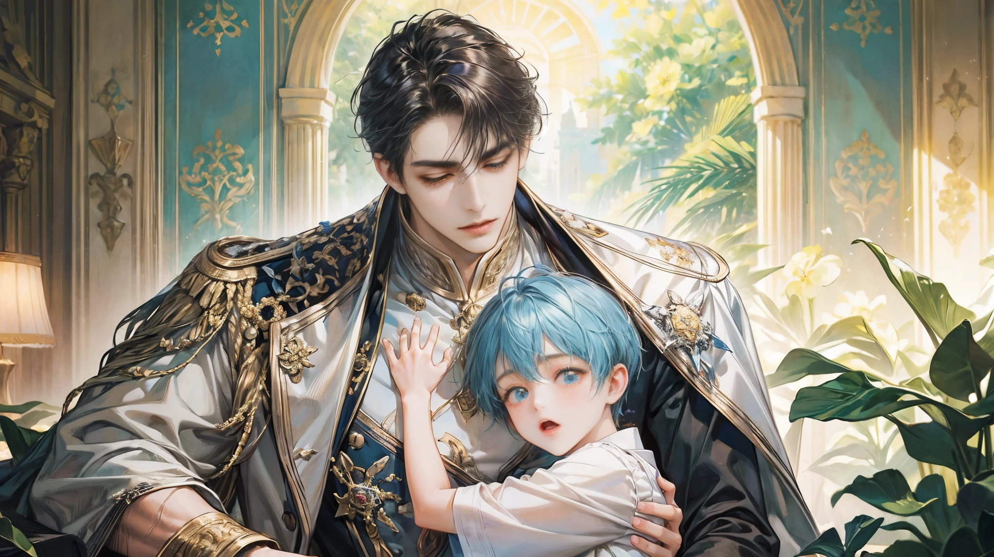 (((masterpiece))), ((Highest quality)), ((Super detailed)), (CG illustration), Happy parent-child scene。The resurrected form of Emperor Constantine and the twins Crispus and Fausta.、Father and son landscape、Under the clear blue sky、A summer evening where a stylish modern mansion shines。As the bright sunlight envelopes the sea and the mansion、A young father in his 30s hugs his twin sons tightly and warmly on his way home from work。The father&#39;s face was filled with deep love, retribution and forgiveness.、I can see the look of relief on his face, having overcome his past mistakes.。The children have innocent, naive smiles、He buried his face in his father&#39;s shoulder and looked relieved.。Light and shadow gently intersect、A scene that creates a warm and moving atmosphere overall.。」Love。Love, forgiveness, healing and purification。Detailed and delicate。lyrical。Heartful Modern。Gorgeous。elegant。masterpiece。super high quality。, beauty, brilliance, ultra-high quality, ultra-high resolution, Ultra-fine, ultra-beautiful, a masterpiece.​masterpiece。I'm in love with you,