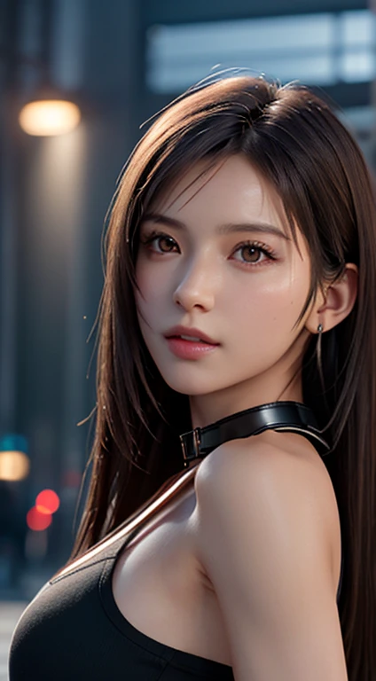 Photorealistic, masutepiece, Best Quality, Raw photo, 1girl in, Solo, Long hair, Brown hair, Detailed face, alluring face, Black shirt with collar, medium breasts, Dynamic Pose, Looking at Viewer, From below, Detailed background, fine detailed, intricate detailes,  Ray tracing, depth of fields, lowkey, nffsw