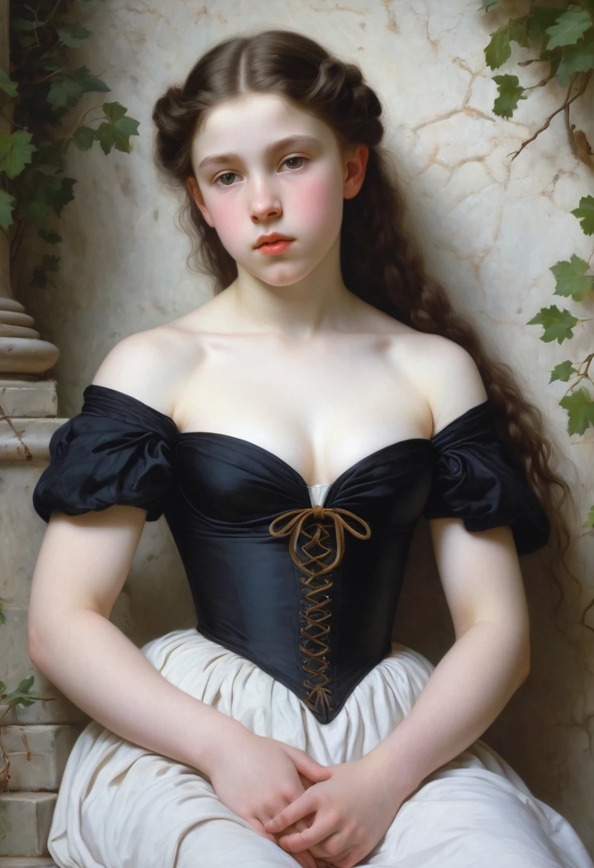 pale skin muscular brunette 13 year old girl huge breasts in the style of William-Adolphe Bouguereau