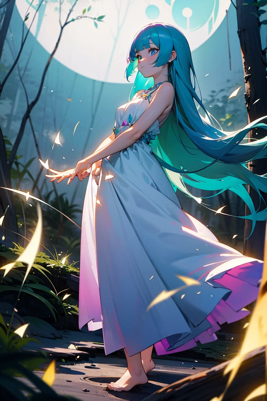 1female, teal hair, long hair with bangs, heterochromia (one blue eye, one purple eye), serene expression, white flowy dress, barefoot, standing on a path, moonlit forest with glowing fireflies, masterpiece, 8k