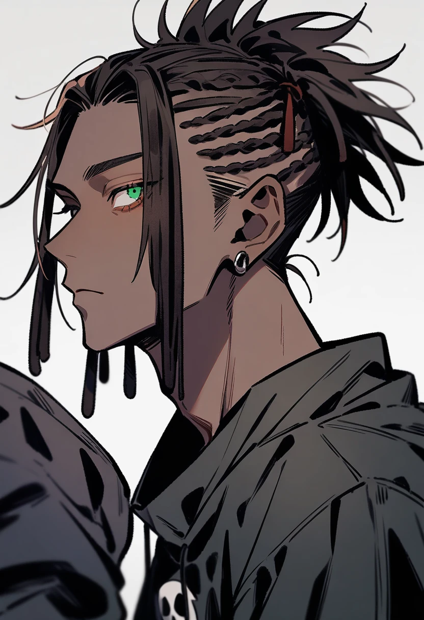 (1boy,jujutsu kaisen) solo, (emo style), (brown skin color),short ((dreadlock hairstyle)), green eyes, masterpiece, best quality, high quality, upper