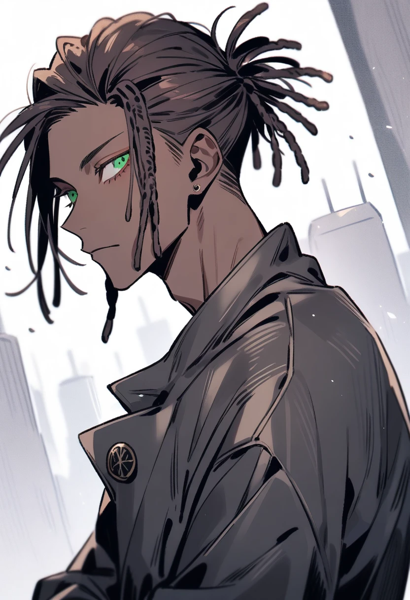 (1boy,jujutsu kaisen) solo, (emo style), (brown skin color),short ((dreadlock hairstyle)), green eyes, masterpiece, best quality, high quality, upper
