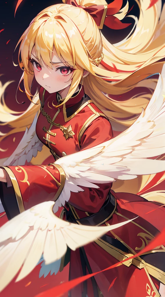 Magical girl风格，blonde，Long blond hair，feather装饰，Ruby decoration，Red clothes，Magical girl，femboy，Broken hair，Broken hair，Aho，Red robe，wing，金色wing，wing，wing，wing，feather，wing，wing，City background，Modern urban background，Modern Background，Fighting Stance，Close-up above the waist，Close-up above the waist