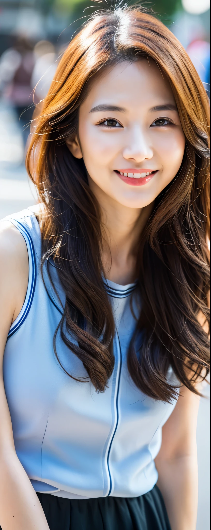 masuterpiece, Best Quality, Illustration, Ultra-detailed, finely detail, hight resolution, 8K photographic, Perfect dynamic composition, from front, 1 japanese girl, Beautiful detailed eyes, long wavy Hair, wearing sleeveless shirts wide pants, make up:1.1, Random poses,Smile, Omotesando Street Walk, 28 years girl