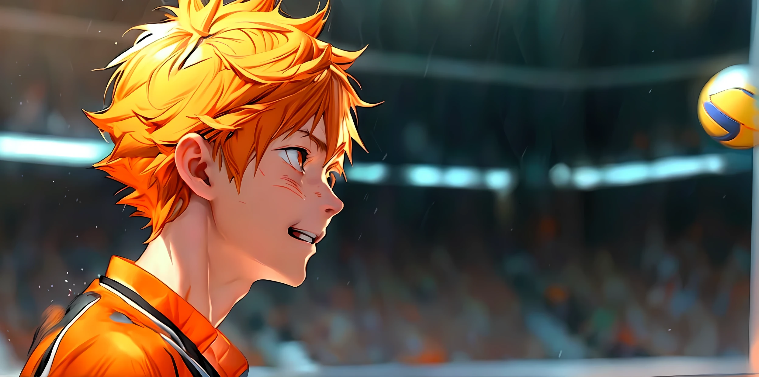 (Very realistic, concentrate、High resolution, Detailed face, Detailed Hair,fine grain)，Official Art，8k wallpaper，figure，((One boy)), Shorthair、Light orange eyes、smile, volleyball clothing，sneakers，whole body，hinata shoyo，bright smile,orange hair color, Japanese anime style, anime volleyball boy,anime style, haikyuu!,cute boy,orange and black uniform, sport uniform 