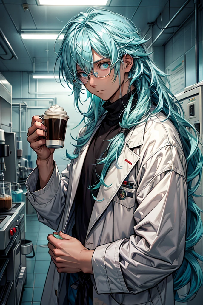 one male. Shirt under a white coat. Turquoise-colored hair and eyes. coffee cup in one hand. Tired and dull expression. dark circles. beauty. long hair. Has bangs. Hair matted and tied down. Circle glasses. cold atmosphere laboratory. half open eyes. miyazaki style.