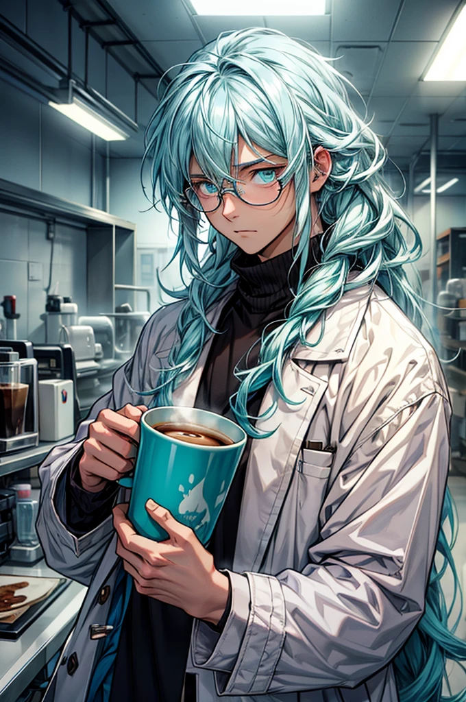 one male. Shirt under a white coat. Turquoise-colored hair and eyes. coffee cup in one hand. Tired and dull expression. dark circles. beauty. long hair. Has bangs. Hair matted and tied down. Circle glasses. cold atmosphere laboratory. half open eyes. miyazaki style.