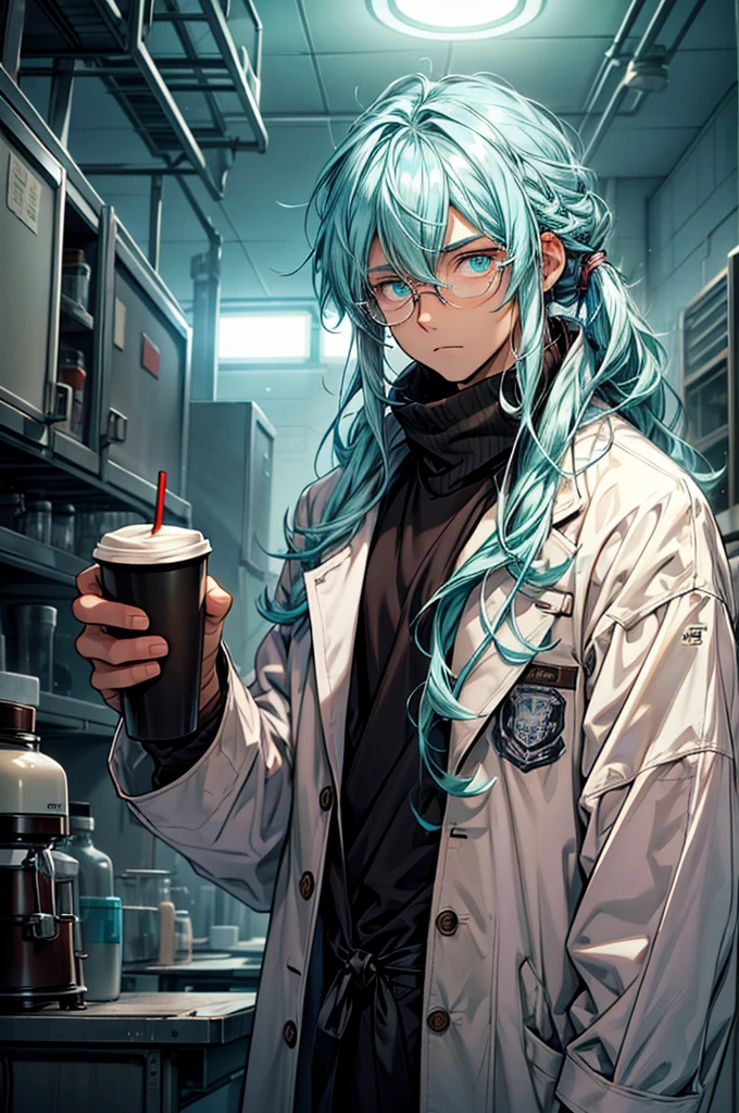 one male. Shirt under a white coat. Turquoise-colored hair and eyes. coffee cup in one hand. Tired and dull expression. dark circles. beauty. long hair. Has bangs. Hair matted and tied down. Circle glasses. cold atmosphere laboratory. half open eyes. miyazaki style.
