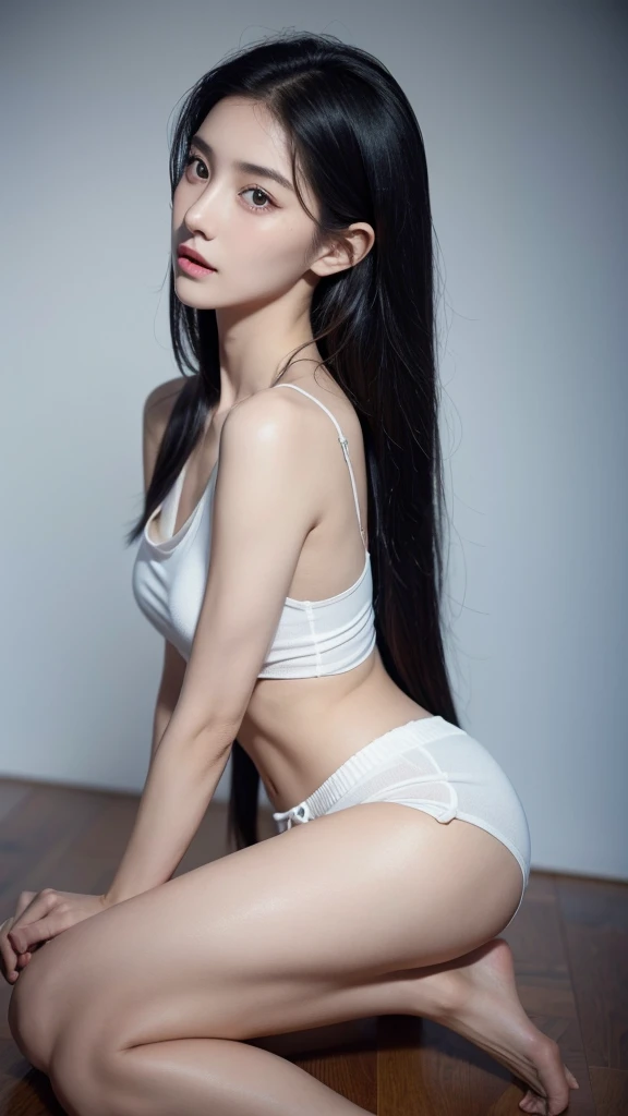 Quiet,Light makeup,Sexy,Peerless Beauty,Intellectual,clavicle,Neat long hair,Black Hair,Delicate face,Exquisite facial features,Natural expression,Natural eyes,sexy blue sports shorts