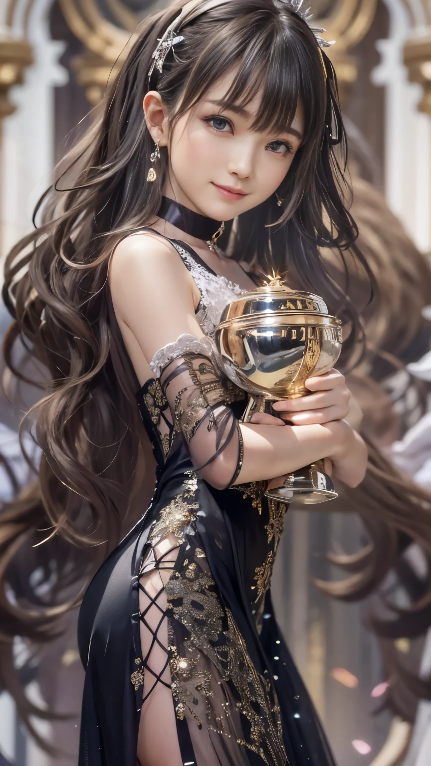 Tears of joy, (Evening Dresses), (Holding up the trophy:1.5), Background is the stage, DOAXVV_マリー・ローズ, 1girl, black choker, uhd, retina, masterpiece, ccurate, anatomically correct, textured skin, super detail, high details, high quality, best quality, highres, 4K