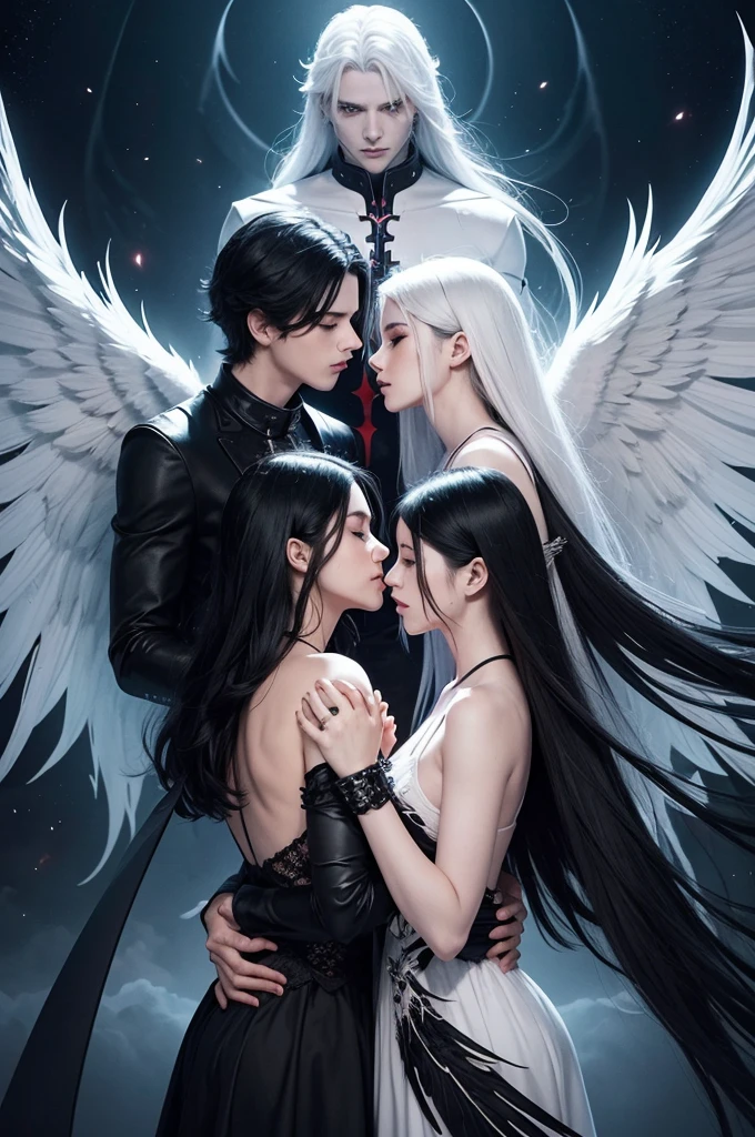 Generate a book cover image that has half of heaven and half of hell in the background, and in the center there is an angel girl with black hair and wings and a demon guy with white hair holding hands romantically.