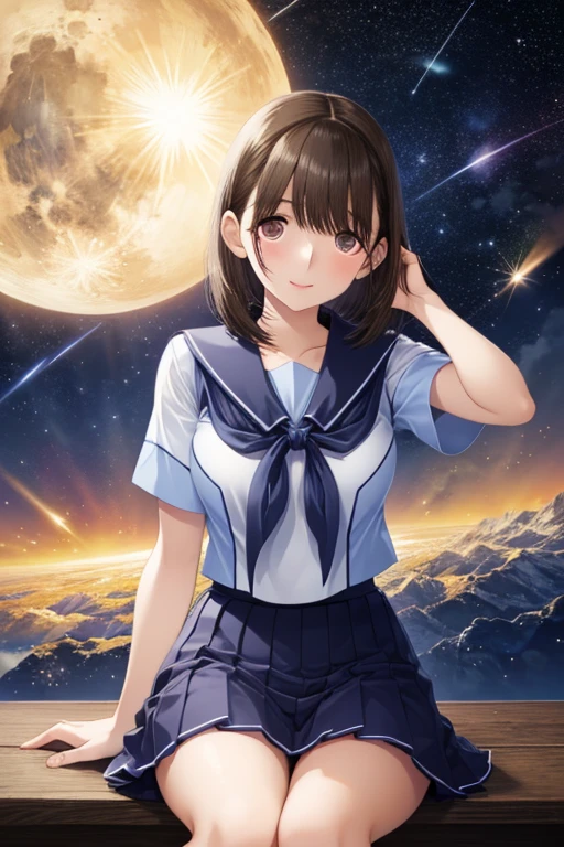 anegasaki nene、Shiny brown hair, short hair, (Beautiful brown eyes、Sparkling eyes, Fine grain)、smile、Ultra-detailed eyes、Highly detailed face, Highly detailed eyes,


Short-sleeved white sailor suit、Navy blue mini pleated skirt、Very short mini skirt、Bare thighs、

Vast landscape photography, A girl stands looking at the cityscape in the distance, Look up at the sky, shooting star, fire Fly, dream,  Space Sky. 
, 4k anime wallpaper, Sitting on a cloud in space, Anime Art Wallpapers 8K, Put your hands on your knees
