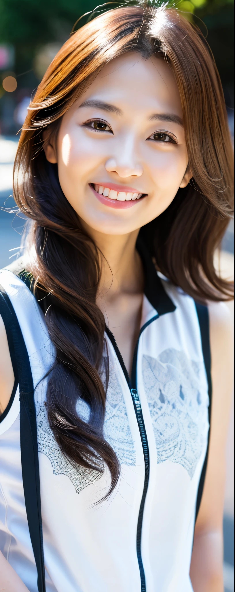 masuterpiece, Best Quality, Illustration, Ultra-detailed, finely detail, hight resolution, 8K photographic, Perfect dynamic composition, from front, 1 japanese girl, Beautiful detailed eyes, long wavy Hair, wearing sleeveless shirts wide pants, make up:1.1, Random poses,Smile, Omotesando Street Walk, 28 years girl