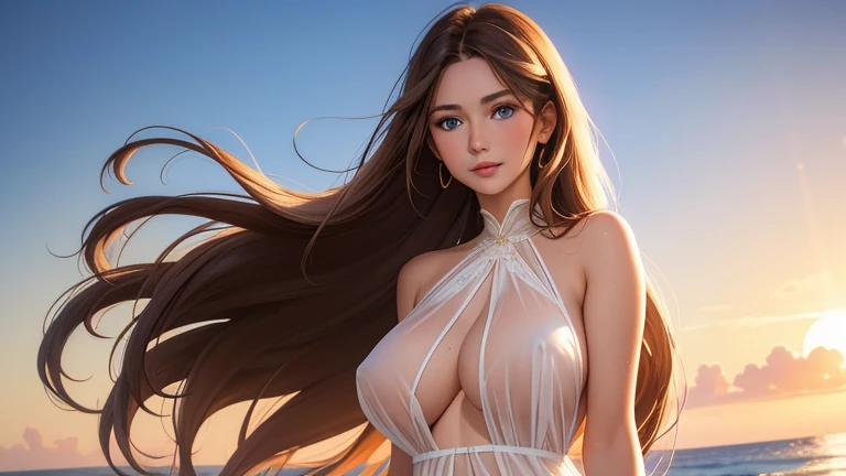 Highest quality, 30-year-old woman, Huge breasts, Brown long hair, blue eyes, A revealing thin white dress, sunset, Upper Body, sexy, Angelic, Thin fabric, See through, God&#39;s Rays, Fluffy Clouds, Colorful flower garden,,、Perfect body、1 female