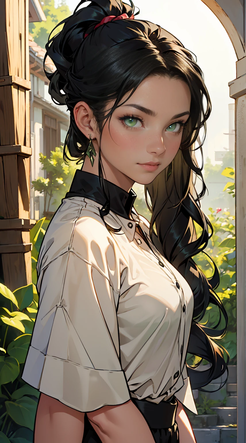 (masterpiece, best quality, high resolution, very detailed), (Beautiful and aesthetically pleasing.: 1.2), ((1 woman)), adult, ((black hair)), ((Long wavy ponytail hair)), ((green eyes)), women&#39;s focus, big bust, perfect body, (a little smile: 0.8), Detailed eyes and face , full length picture, whole body, Extra large unbuttoned men&#39;s long shirt, lace thong panties, large luxury bed, morning, bare foot,