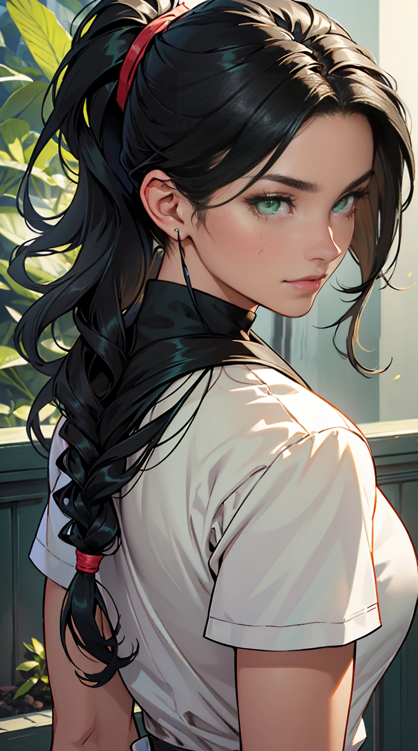 (masterpiece, best quality, high resolution, very detailed), (Beautiful and aesthetically pleasing.: 1.2), ((1 woman)), adult, ((black hair)), ((Long wavy ponytail hair)), ((green eyes)), women's focus, big bust, perfect body, (a little smile: 0.8), Detailed eyes and face , full length picture, whole body, Extra large unbuttoned men's long shirt, lace thong panties, large luxury bed, morning, bare foot,