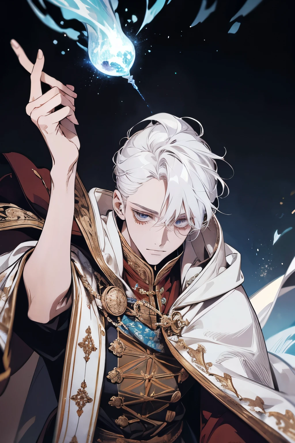 White hair,man,Adult male,Ponytail,cloak,Magic robes,Clothes float up,Magician,Hold a magic wand,Looking up,Big news