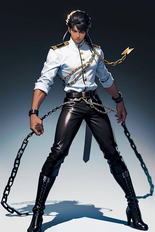 Full body image of a 17-year-old young man with dark skin, with 1,90 m tall and the power to control chains an athletic body. Ele tem cabelos blackws cacheados e uma faixa turbante em volta do cabelo, olhos blackws brilhantes. Your skin is black, blackw. camisa regata branca com blackw e um casaco por cima blackw com detalhes em branco e com um capuz, black flared pants with white seams at the knee, with chains, stylish black military boots full of belts and chains,