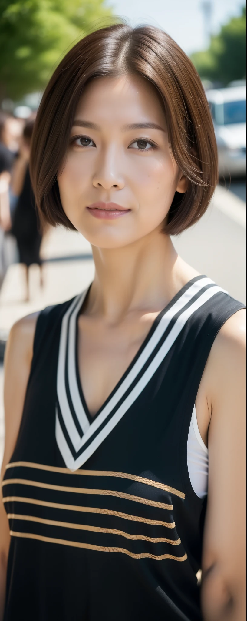 ((top-quality, 8K, masterpiece:1.3)), sharp focus:1.2, Beautiful Women in Perfect Style:1.4, Slender Abs:1.2, full body, wearing sleeveless shirts and wide pants, ((dark brown short hair:1.2)), (natural soft light, City Street:1.1), Highly detailed facial and skin texture, A detailed eye, double eyelid, uniform, Female, 40 years old